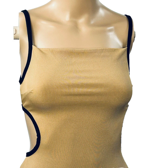 Micas Long Dress Women XS Tan Bodycon Knitted Side Slit Backless Tie Up - Picture 2 of 13